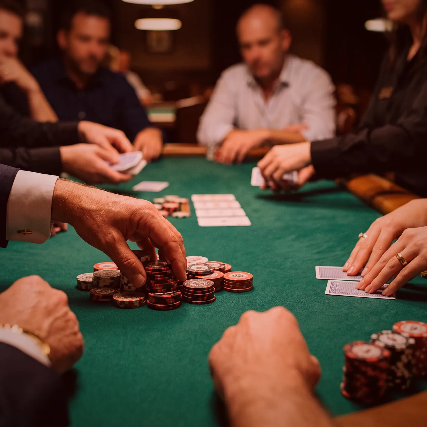 House chips stacked and ready before the tables open.